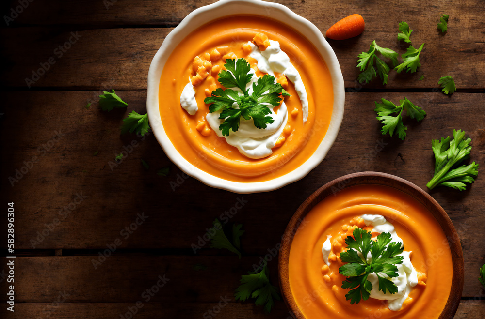 Cream soup. Top view of appetizing tender soup with sour cream, parsley. Generative AI. Cream soup. Top view of appetizing tender soup with sour cream, parsley. Generative AI.