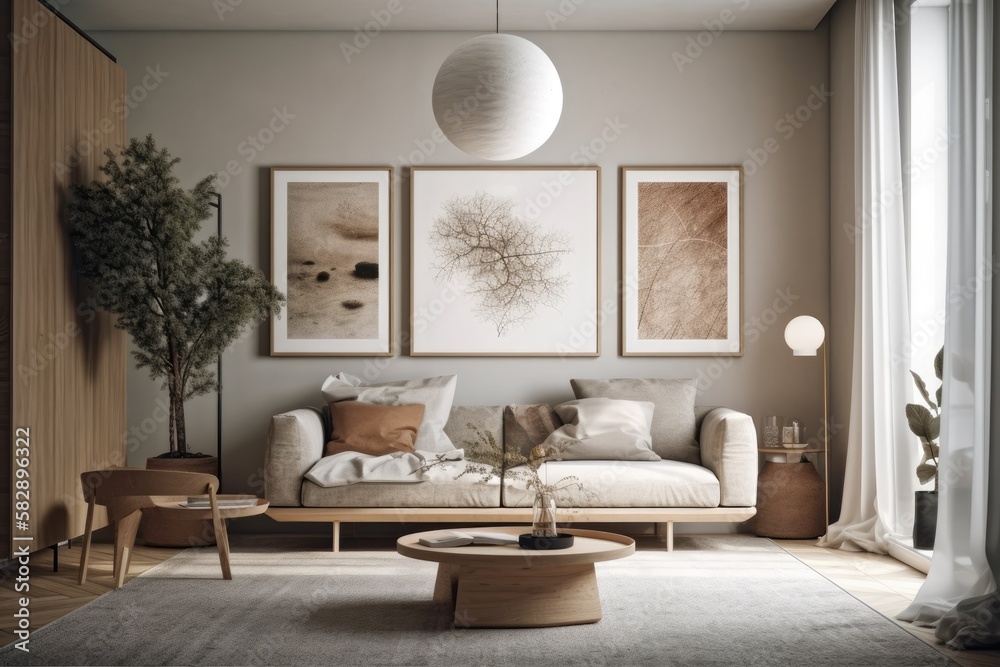 mock up picture frame hanging in the living room, a cozy interior with elegant and lovely wooden furnishings,. Generative AI