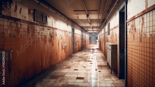 Abandoned hospital hallway background. Generative AI technology. 