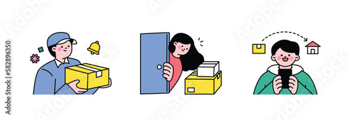 people are shopping. Online e-commerce. A courier who makes deliveries. A delivery box arrived at the door. A man entering a shipping address into his mobile phone.