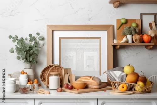 Stylish and comfortable kitchen decor with a little table with a mock up frame, fruits, veggies, bread, and kitchen utensils. Kitchen design with a vintage feel. Generative AI