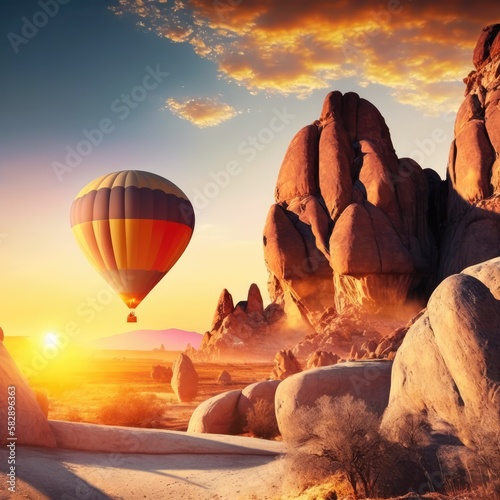 Shot of beautiful scenery at sunrise with a colorful hot air balloon