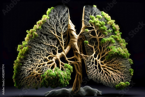 The green lungs of the planet Earth. Shape of the lung in the middle of the forest. Concept to protect nature and forest. Natural CO2 reduction. Generative AI photo