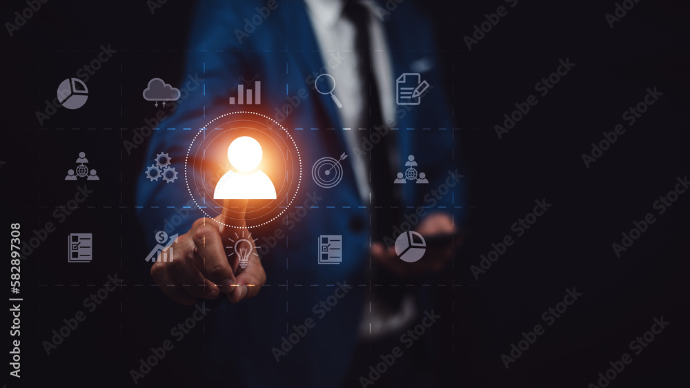 Businesspeople touching on screen to target customer. Target customer