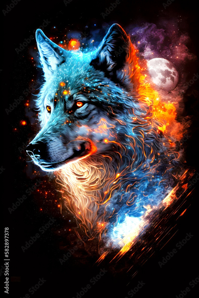 Powerful Epic Legendary Wolf with glowing face in Universe on black background. Spiritual Animal Awakening Concept.Magical Fantasy Epic Wallpaper. Generative AI.