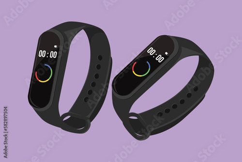 Character flat drawing smart band for fitness or run tracker. Digital smart fitness watch bracelet with touchscreen. Wristband with running activity steps counter. Cartoon design vector illustration