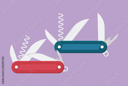Graphic flat design drawing multi purpose pocket knife for outdoor camping equipment. Multi function tool hover concept, logotype label, flyer, sticker, card, symbol. Cartoon style vector illustration photo