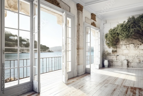 Elegant unoccupied room with close up panoramic windows  traditional shutters  and a traditional balcony. Granite rocks in a seaside setting. Copy space on a white background  interior design idea