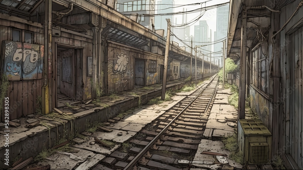 Abandoned city railway background. Anime cartoon style drawing. Generative AI technology.