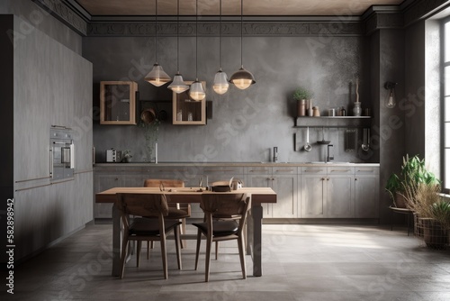 Interior of a contemporary gray kitchen with a concrete floor, gray cabinets and worktops, and vintage ceiling lighting. a desk and chairs. a mockup. Generative AI © AkuAku