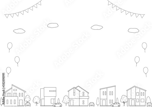 ガーランドと風船とコピースペースのある住宅街の線画 ベクターイラスト