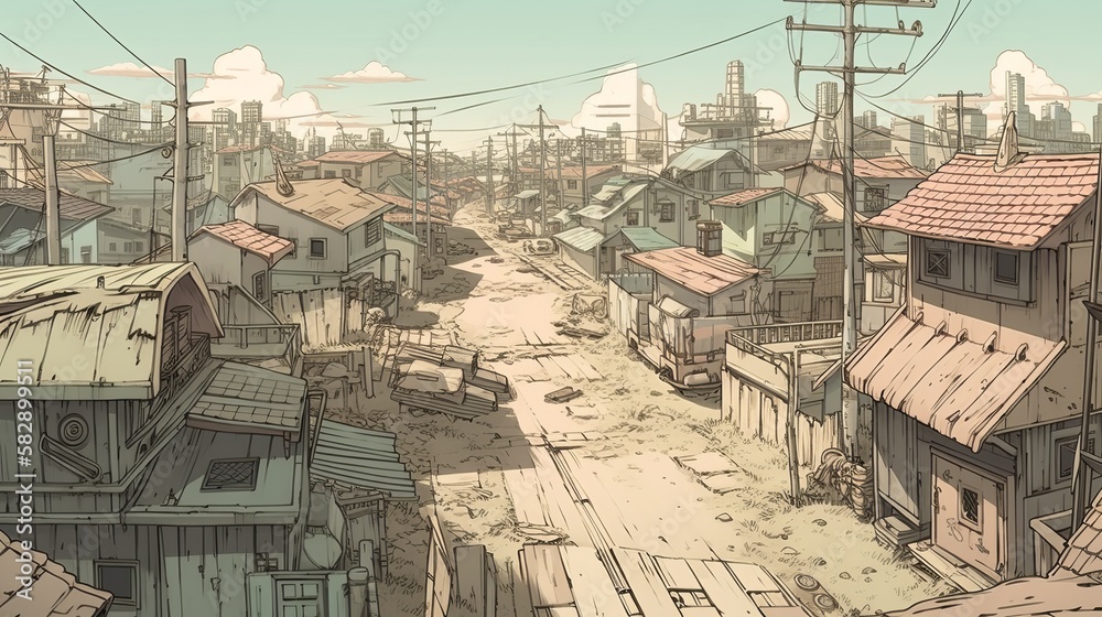 Destroyed town ruin after war. Anime cartoon style drawing. Generative AI technology.	