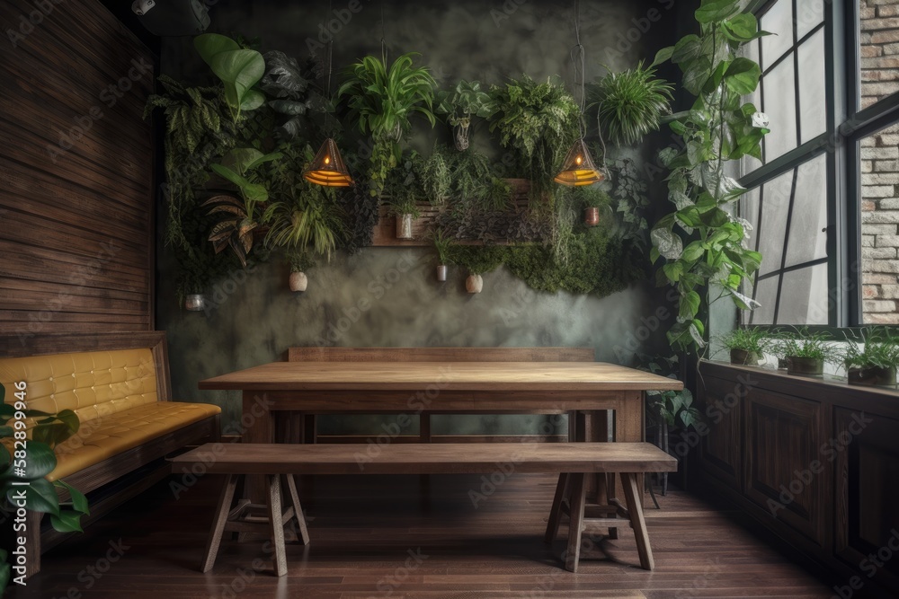 A wall of an interior with an ecology style features an empty wood table with artificial plants as adornment. On the wall of the coffee shop is an ornamental fake tree made of plastic plants. Choose f