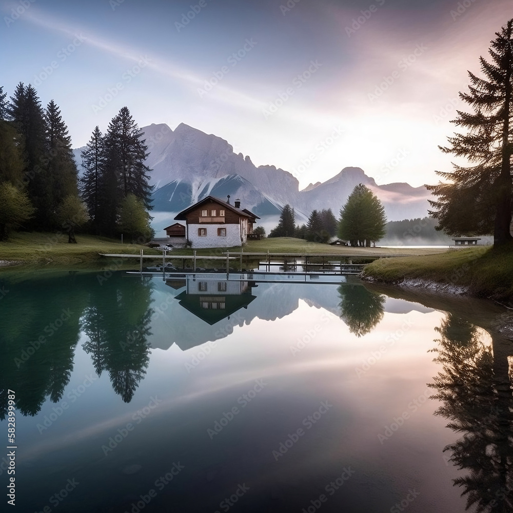 Fototapeta premium Lakeside Elegance: A Mountain Lake Masterpiece