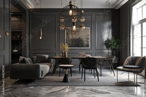 Gray furniture and black steel and marble textures are used in the living and dining areas of this modern classic interior design. Generative AI