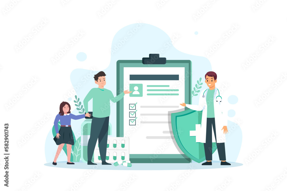 Health care and life insurance concept. Doctor and family people medical exam with big clipboard document. Vector illustration Health care and life insurance concept. Doctor and family people medical exam with big clipboard document. Vector illustration