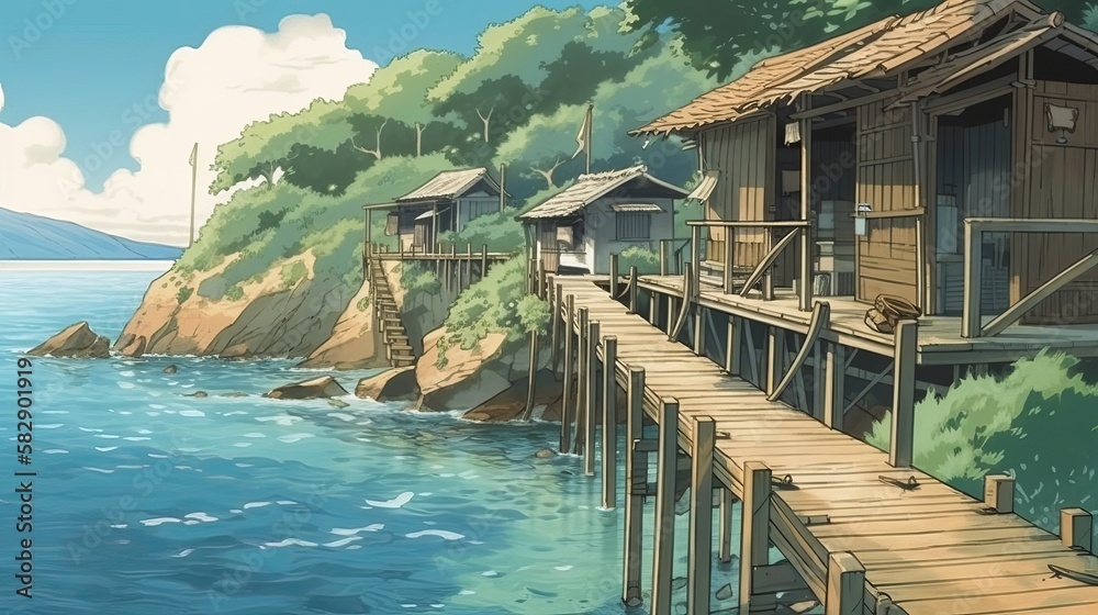 Obraz premium Tropical island beach coast .Anime cartoon style drawing. Generative AI technology. 