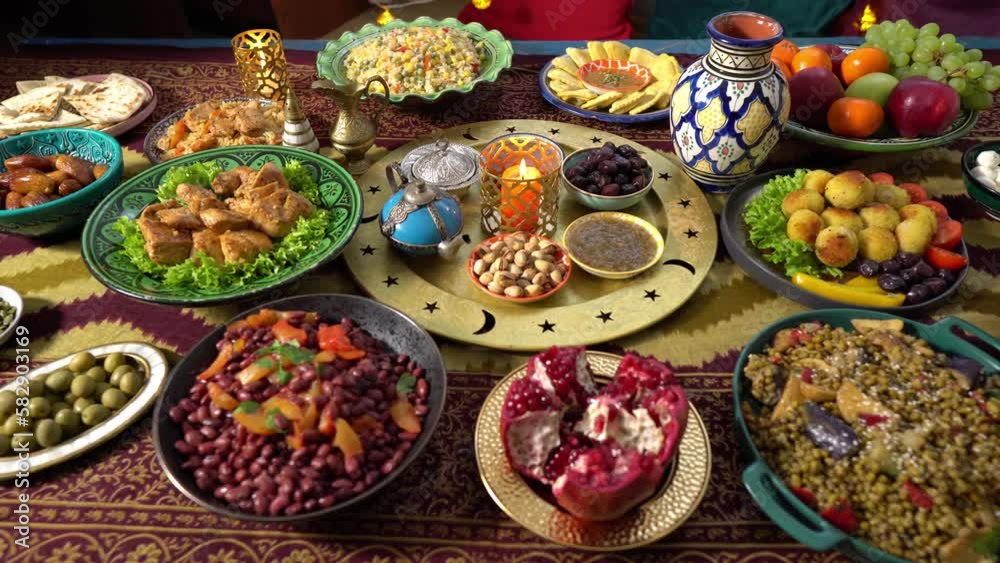 Moroccan cuisine. Iftar party. A table with food for breaking the fast. Moroccan restaurant Moroccan cuisine. Iftar party. A table with food for breaking the fast. Moroccan restaurant