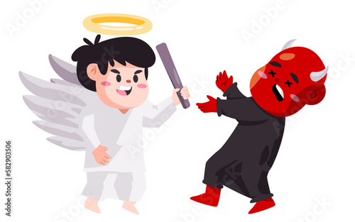 Angel versus daemon evil good vs bad cartoon character fight with stick
