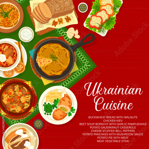 Ukrainian cuisine restaurant menu cover page. Stuffed peppers, meat vegetable stew and buckwheat bread, potato pie with meat, sauerkraut casserole and Borscht with pampushkas, pancakes, chicken Kiyv