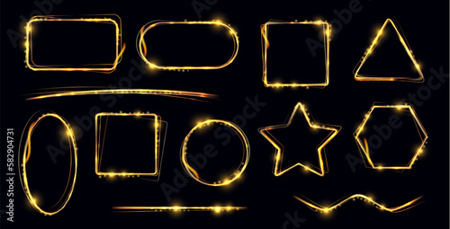 Golden sparkle shapes, magic glitter glow. Vector set of glowing gold frames, borders and dividers. Star, rectangle and oval, square or triangle shining figures with glitter. Luxury sparkling elements