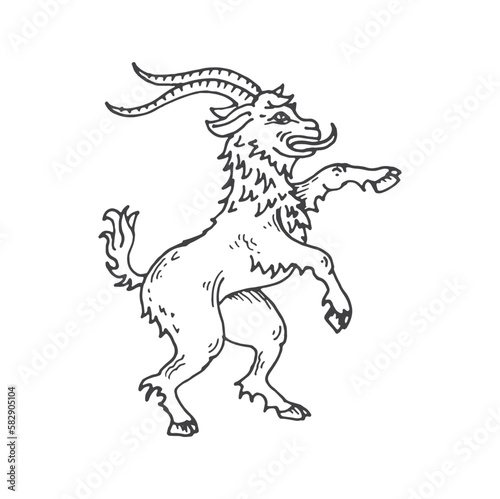 Goat medieval heraldic animal sketch. Magic animal, legend rampart goat or mythical beast royal crest, engraved vector insignia. Mythology creature coat of arms, sketch medieval heraldry symbol