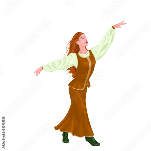 Girl dances in a long skirt, shirt, vest and boots.Illustration of a girl with her arms raised to the sides. Illustrations of women.
