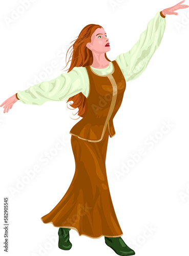 Girl dances in a long skirt, shirt, vest and boots.Illustration of a girl with her arms raised to the sides. Illustrations of women.