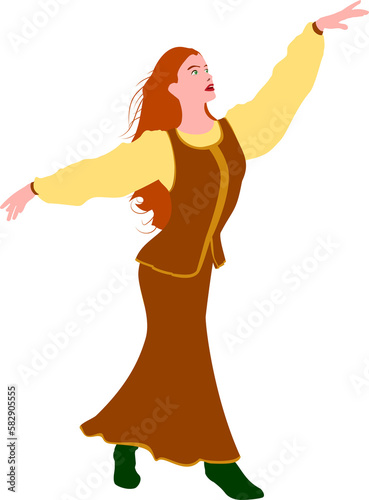 Girl dances in a long skirt, shirt, vest and boots.Illustration of a girl with her arms raised to the sides. Illustrations of women.
