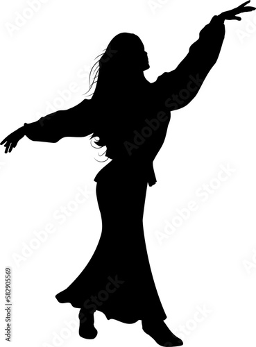 Girl dances in a long skirt, shirt, vest and boots. Silhouette.
Illustration of a girl with her arms raised to the sides. 
Illustrations of women.