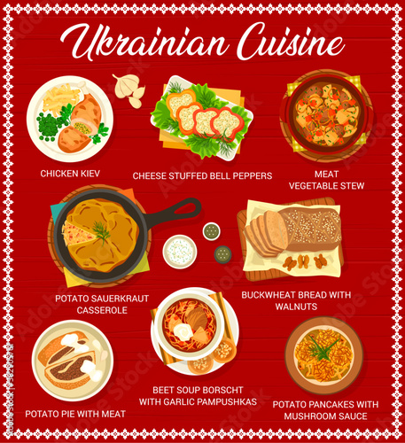 Ukrainian cuisine restaurant menu. Chicken Kiyv, potato pie with meat and Borscht with pampushkas, pancakes, meat vegetable stew and sauerkraut casserole, buckwheat bread with walnuts, stuffed peppers