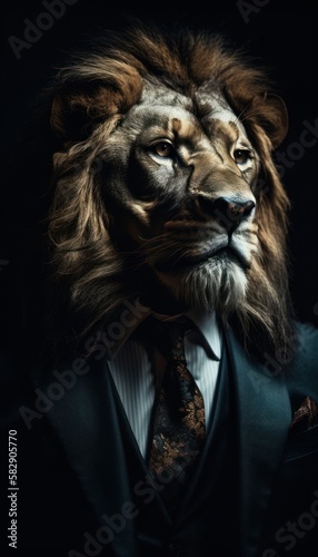 lion in a stylish business suit. Portrait of a business animal in a tuxedo. generative ai