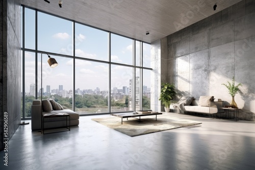 Interior of a contemporary living room with concrete floors  furniture  and panoramic windows that provide natural light and a view of the city. Stylish and comfortable home design. Generative AI