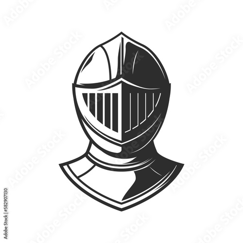 Knight warrior helmet, heraldry armor with visor. Vector medieval knight, spartan soldier, roman gladiator or greek warrior metal helm front view. Ancient battle armour, old iron helmet isolated sign