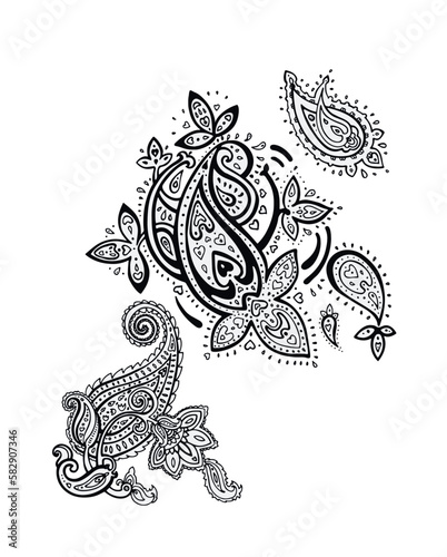 Paisley Design Vector illustration. Black and white paisley pattern t shirt design for print.