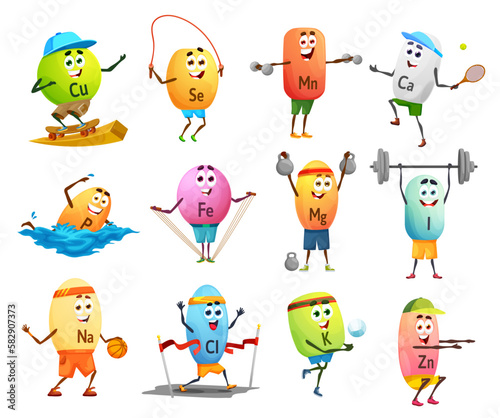 Cartoon cheerful minerals sportsman characters, micronutrient. Vector copper, selenium, manganese and calcium. Phosphorus, ferrum, iodine or natrium, chlorium, potassium, kalium and zinc sportsmen