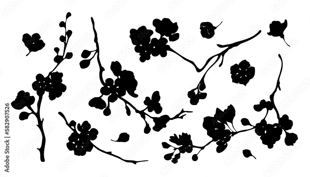 Cherry blossom branches black silhouette set on white background hand ...