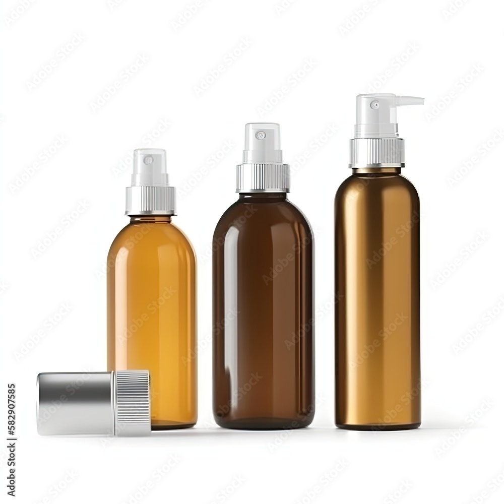 blank bottles - spray bottle, aluminium tin with screw lid, amber glass bottle and a white perfectly lined isolated on white background, generative ai