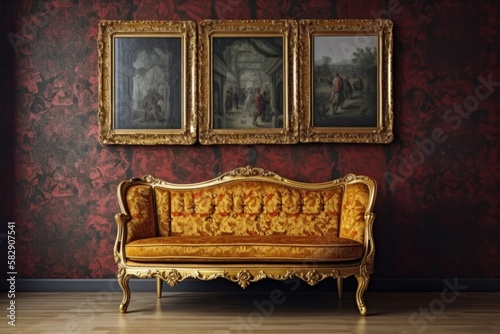 Antique golden art gallery frame with furniture and decorative detail, home design and interior decor. Generative AI