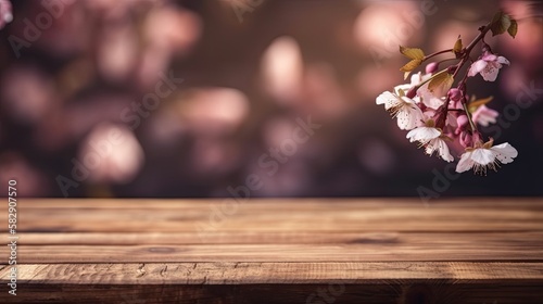 blossoming sakura cherry tree background with empty wooden table for product display, spring nature blurred background, generative ai