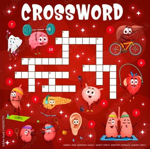 Crossword grid cartoon human organ characters, quiz game. Find a word vector worksheet with kidneys, liver, stomach, bladder and lungs. Heart, tooth, pancreas, ear and brain anatomical personages