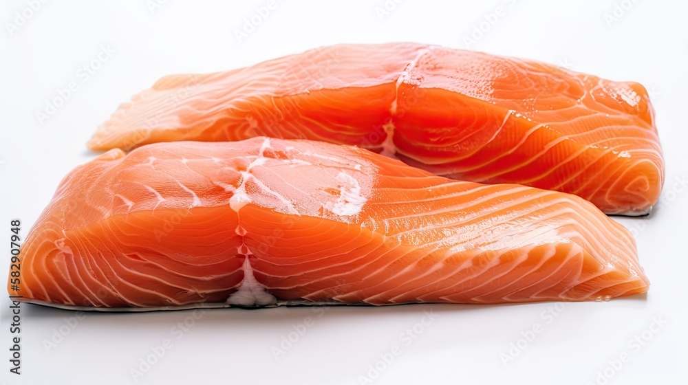 Fresh raw salmon fillets on white background, generative ai