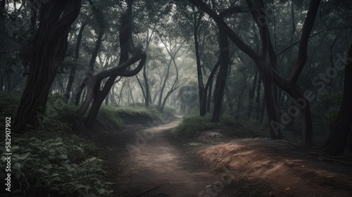 Forest of devdar tree with dark and moody tone with scenic view, Empty path. generative ai