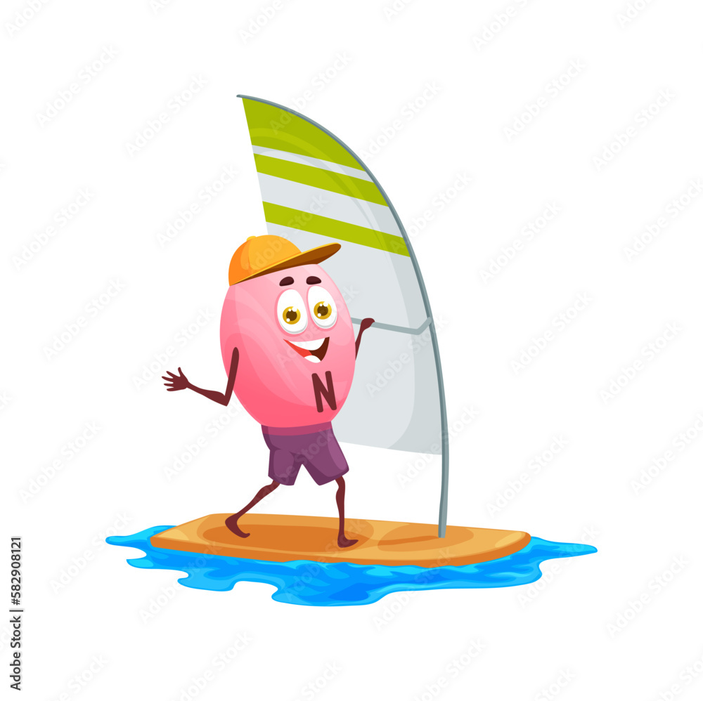 Cartoon vitamin N character on windsurfing. Vector pink food supplement capsule sailboarding in sea. Isolated lipoic acid personage in cap and shorts actively resting maintaining healthy lifestyle
