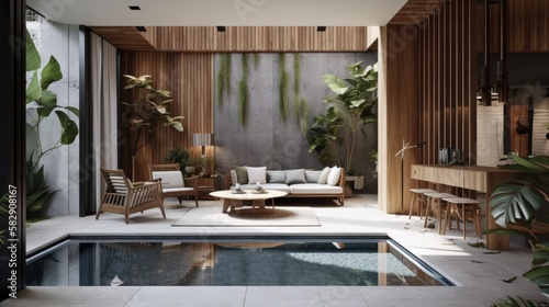modern living room with pool in Balinese style with wooden elements, generative ai