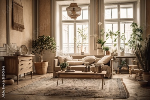 Old style living room in beige tones with a sofa, rugs, and pillows, tables with decors, plants, and a wooden table top or shelf with scented sticks bottles above it. Generative AI © AkuAku