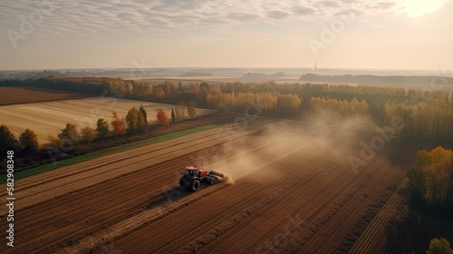 Taking care of the Crop. Aerial view of a Tractor fertilizing a cultivated agricultural field. generative ai