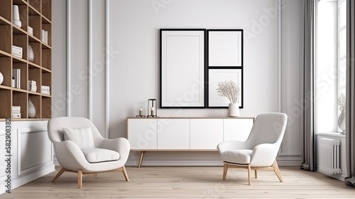 White Blank Mockup poster frame on the wall of living room. Luxurious apartment background with contemporary design. Modern interior design. generative ai