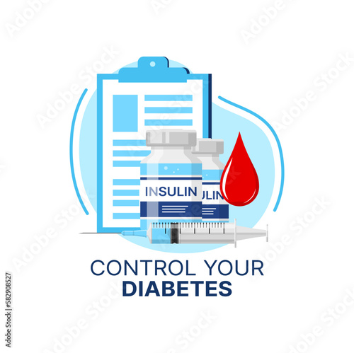 Diabetes control icon of vector insulin injection, syringe and doctor clipboard with medical check up of blood sugar or glucose level test. Diabetes mellitus type diagnosis and treatment symbol