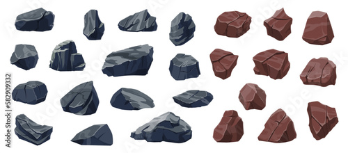 Cartoon rock stones and boulders. Rubble, gravel, cobble vector set. Mountain natural elements, geological materials, rocky pieces different shapes isolated black and brown lumps, landscaping objects
